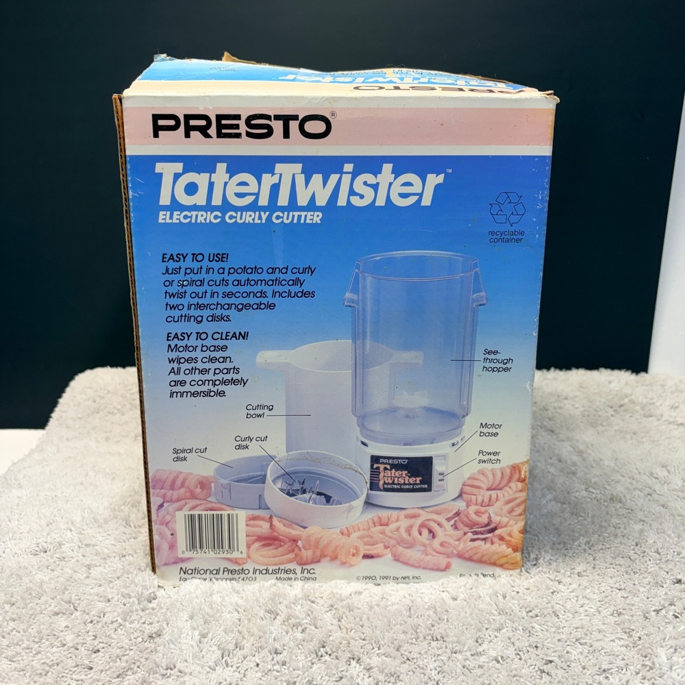 Presto TaterTwister Electric Curly Cutter 02930 Vtg 1991 Spiralizer White NOB
